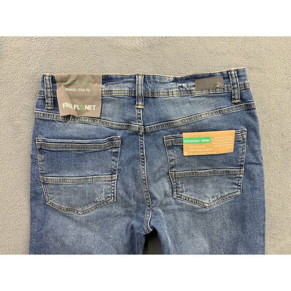 Free Planet Denim Jeans Mens 32X32 Blue Destroyed Distressed Stretch Slim Fit - Picture 9 of 16